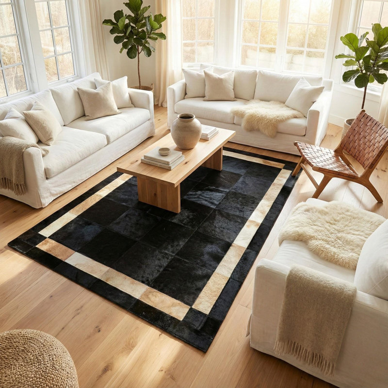 Tapis patchwork noir en cuir de vache avec bordure dorée - Tapis en cuir de luxe pour chambre à coucher, salon - Tapis de sol multi-tailles