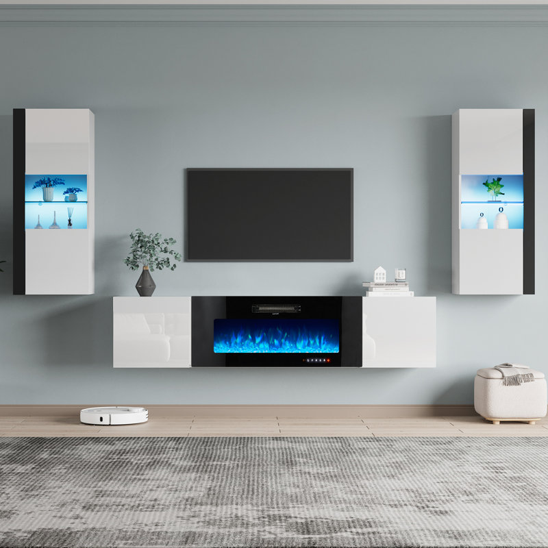 Bhhatu Floating Highgloss Entertainment Center with Electric Fireplace and 2 Bookcases, White, 120"