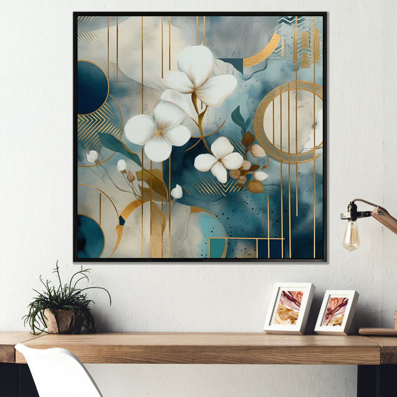 Motif floral doré bleu mosaïque III - impression, H 16 po x l 16 po x P 1 po, Cadre flottant noir