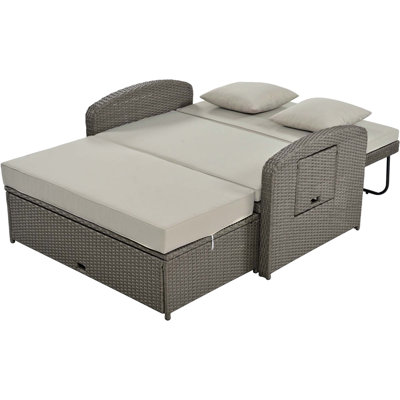 Wicker Rattan Double Chaise Lounge, 2-Person Reclining Daybed With Adjustable Back And Cushions, Free Furniture Protection Cover