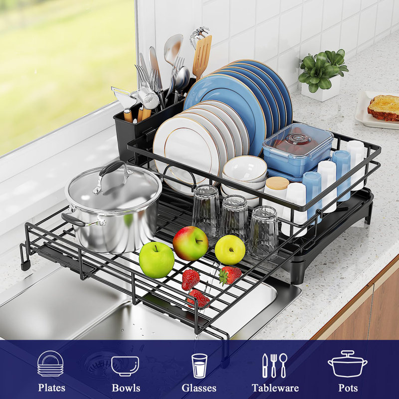 Égouttoir à vaisselle extensible avec porte-couverts, égouttoir à vaisselle, égouttoir à vaisselle noir antirouille pour comptoir de cuisine