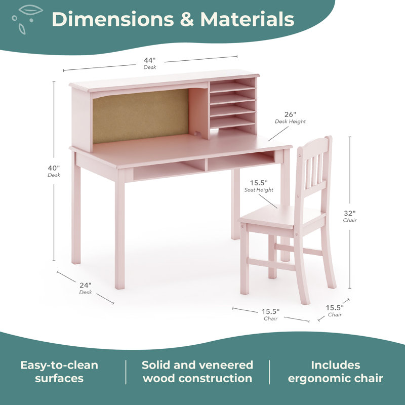 Kids Media Desk Hutch and Chair Set, Pink
