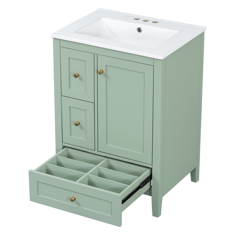 Meuble-lavabo de 24 po avec rangement, tablette réglable, panneau de fibres à densité moyenne et bois d'hévéa, cloisons amovibles