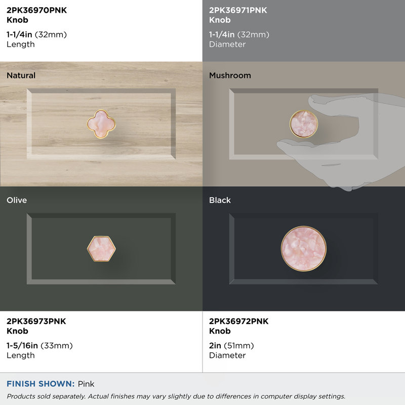 Gold and Pink Round Zinc and Acrylic Cabinet Knob Set
