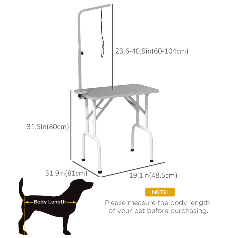 Table de toilettage pliable pour petits chiens Pawhut 32In, table de toilettage pour chats avec bras ajustable, Gris / blanc