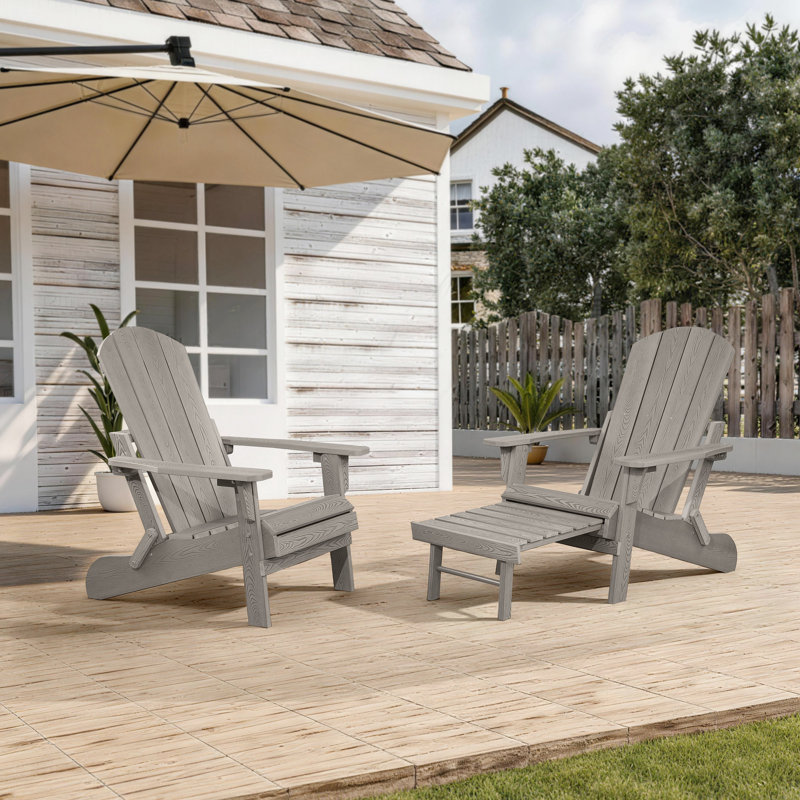Hurley Morphew Plastic/Resin Folding Adirondack Chair with Ottoman, Weathered Gray Oak