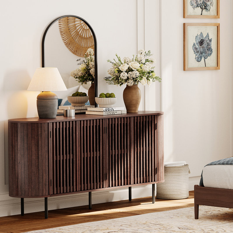 64" Sideboard With Slatted Design, Ideal For Bedroom, Living Room, And Entryway, Brown