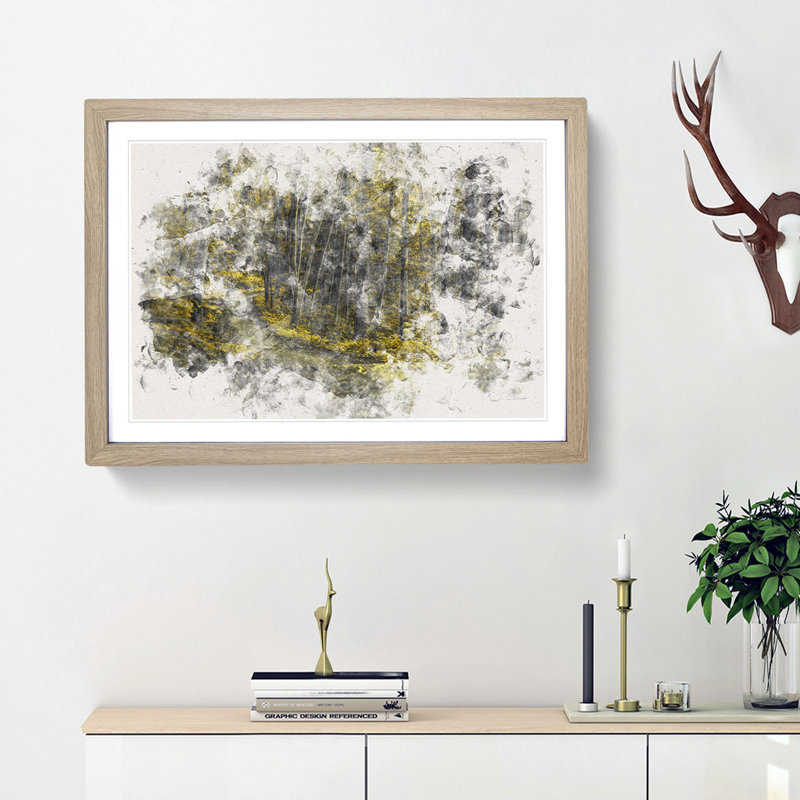 Yellow Forest In Connecticut Watercolour - Framed Print, Oak, 62cm H x 87cm W x 2cm D