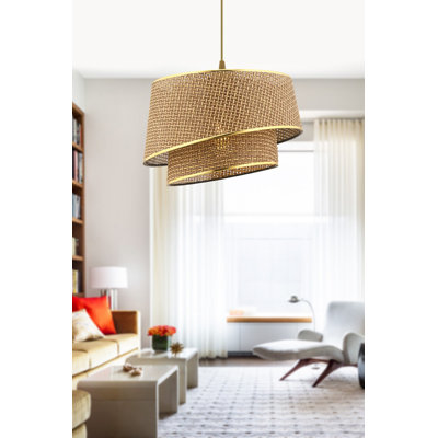 Elegant Metal Chandelier with Fabric Cap, Beige & Gold, 25.6 x 25.6 x 7.9 inches | CE Certified, E27 Socket (Max 60W) | Perfect for Living Room, Dining Room & Entryway | Stylish & Modern Lighting Fixture