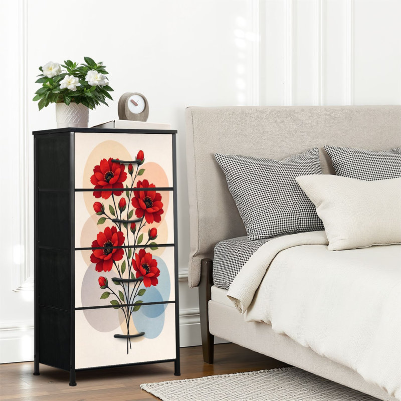 Commode 4 tiroirs pour chambre à coucher, commode étroite, plateau en bois et structure en fer 18 po x 37,5 po - (l x H) - avec bouquet de fleurs rouges et feuilles vertes, impression pastel
