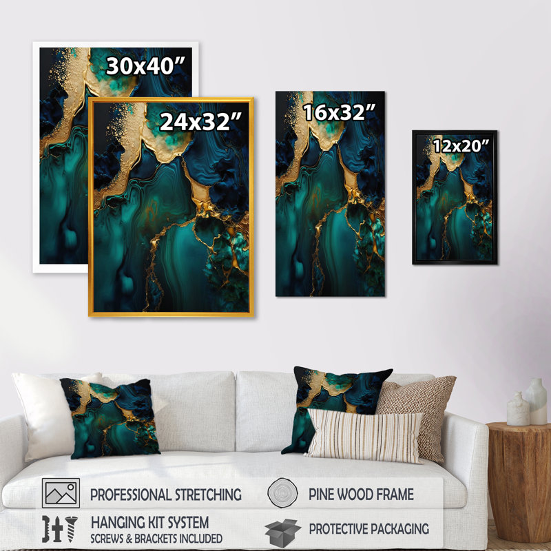 Abstract Geode Marble Green and Gold - Impression sur toile encadrée abstraite, L 12 po x H 20 po