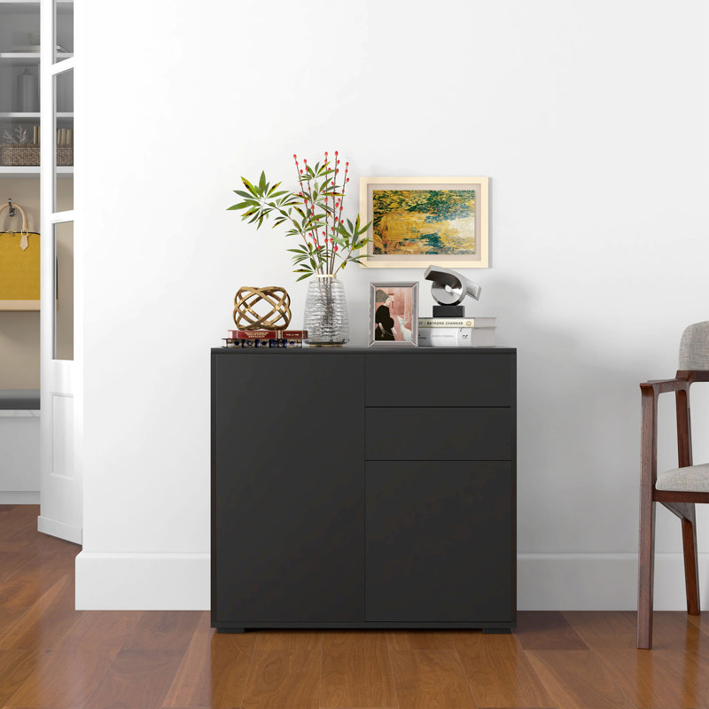 Buffet laqué lustré avec tiroirs, meuble de rangement de cuisine, Noir