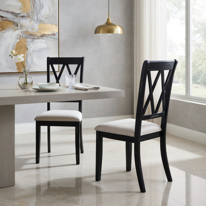  Ensemble de 2 chaises de salle à manger avec dossier courbé, pieds en bois d'hévéa, revêtement en lin, support ergonomique, pour la cuisine, la salle à manger et le restaurant, noir