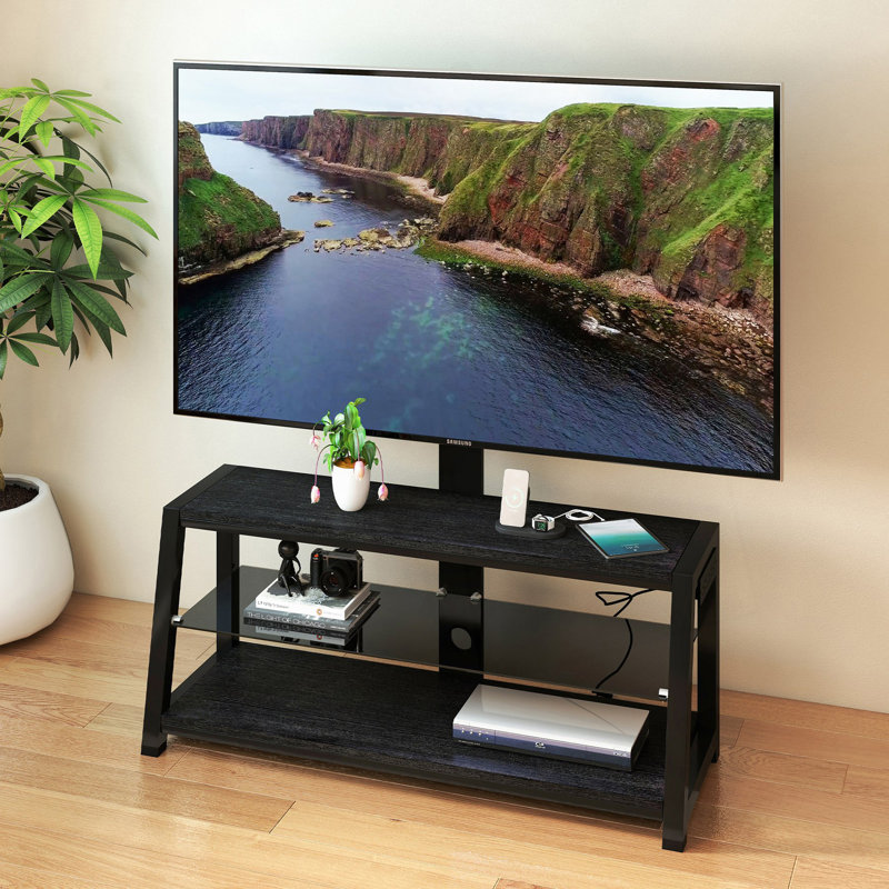 Storage TV Stand, Tempered Glass Height Adjustable Universal Swivel Entertainment Center With Mount TV Stand, Black