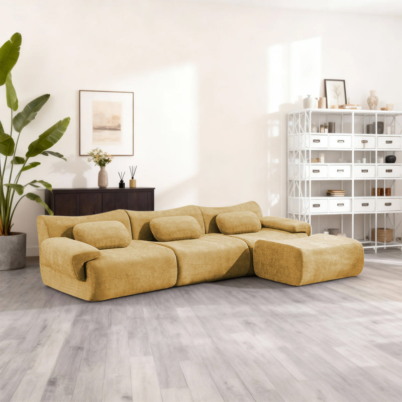 Canapé modulaire modulaire en chenille 3 places avec repose-pieds et coussins ergonomiques, Chenille jaune