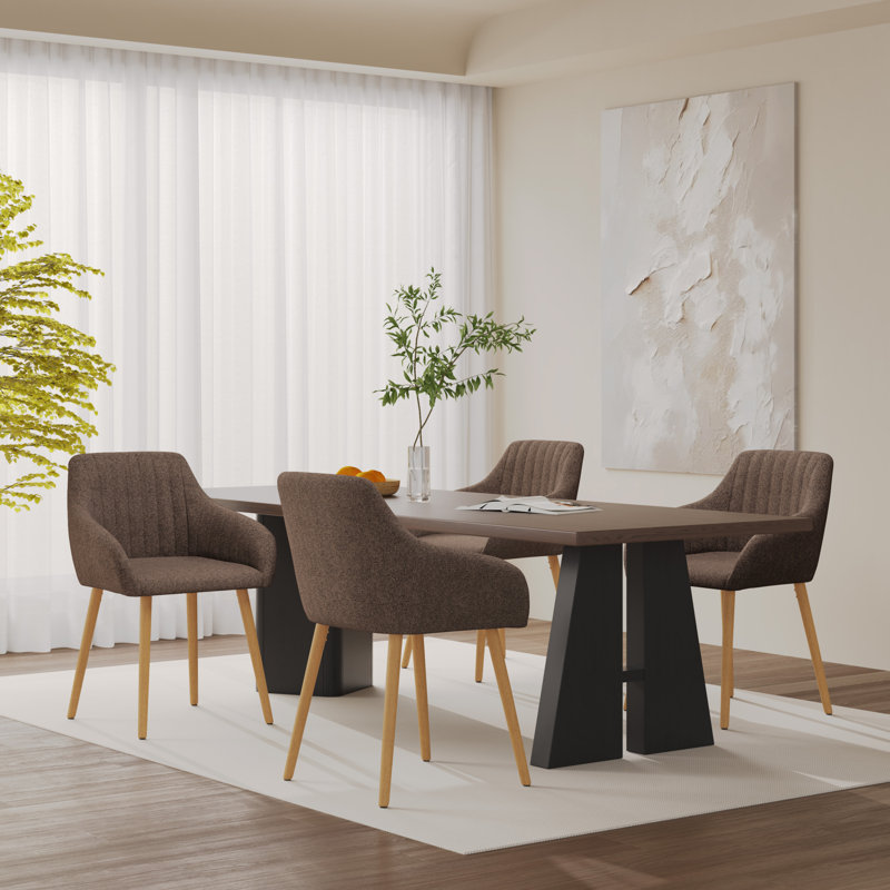 49.5cm H Upholstered Dining Chairs With Wooden Legs, Brown Linen/Natural, 4