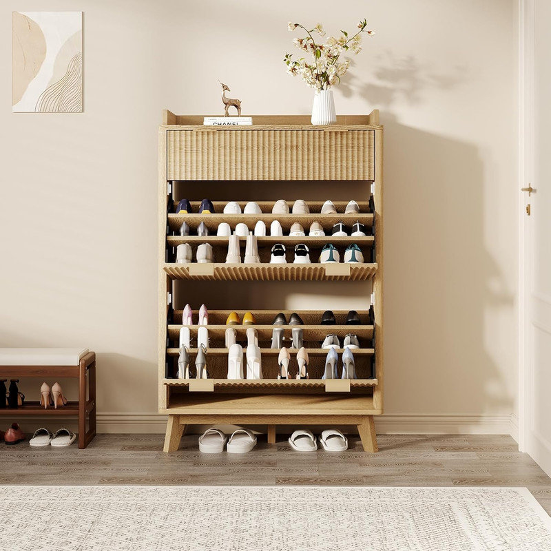 48" Narrow Fluted Shoe Cabinet – Black Walnut Entryway Storage with 2 Flip Drawers & Top Drawer, Natural Wood