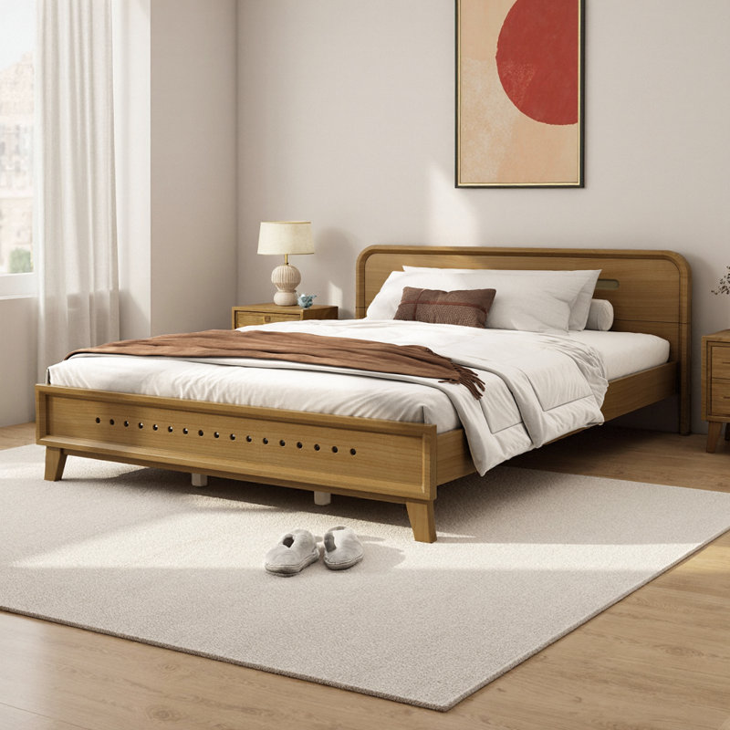 Pine Solid Wood Queen Bed - Rustic Yellow, No Box Spring Needed, Solid & Stable, Queen