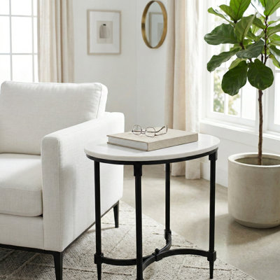 Decorative Round Marble Top Side Table for Home Decor Accent - Sculptural Narrow End Table for Living Room Styling - Black & White