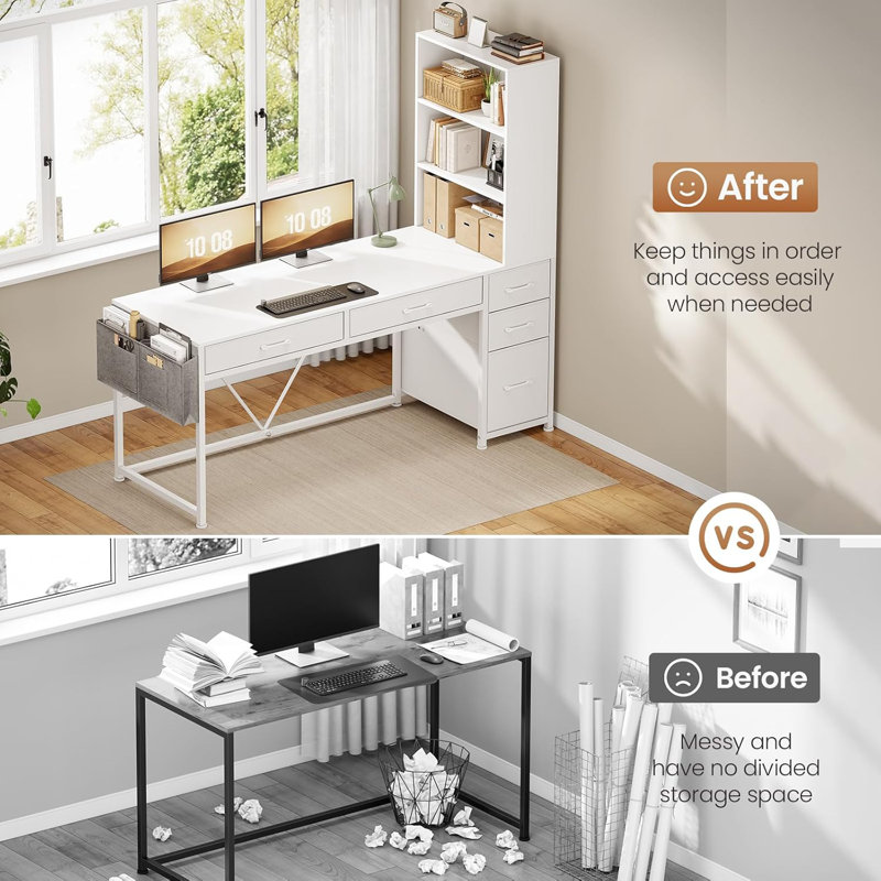 Barbarino Computer Desk With 5 Drawers And Bookshelf Led Lights For Small Spaces, White/White