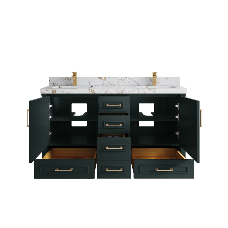 60 po X P 22 po Meuble-lavabo double D, Vert forêt foncé, Quartz doré 2 po Viola