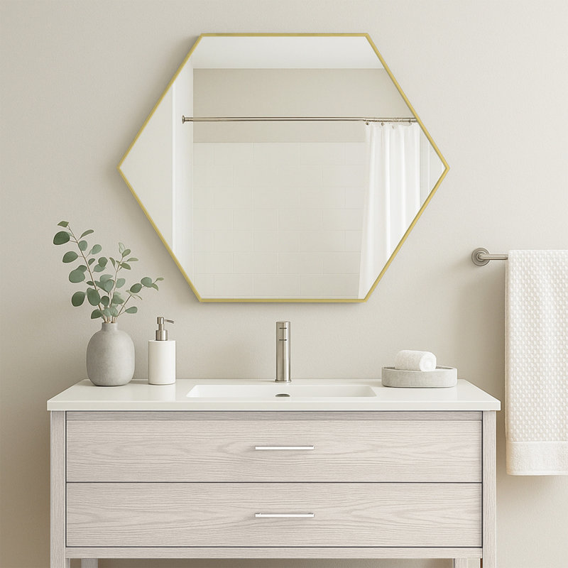 Modern Metal Framed Hexagon Wall Mirror, Gold, 30" x 24"