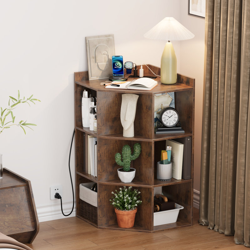 3-Tier Corner Cabinet Storage with USB Ports and Outlets,Corner Cube Storage Organizer for Small Spaces,Retro, Brown