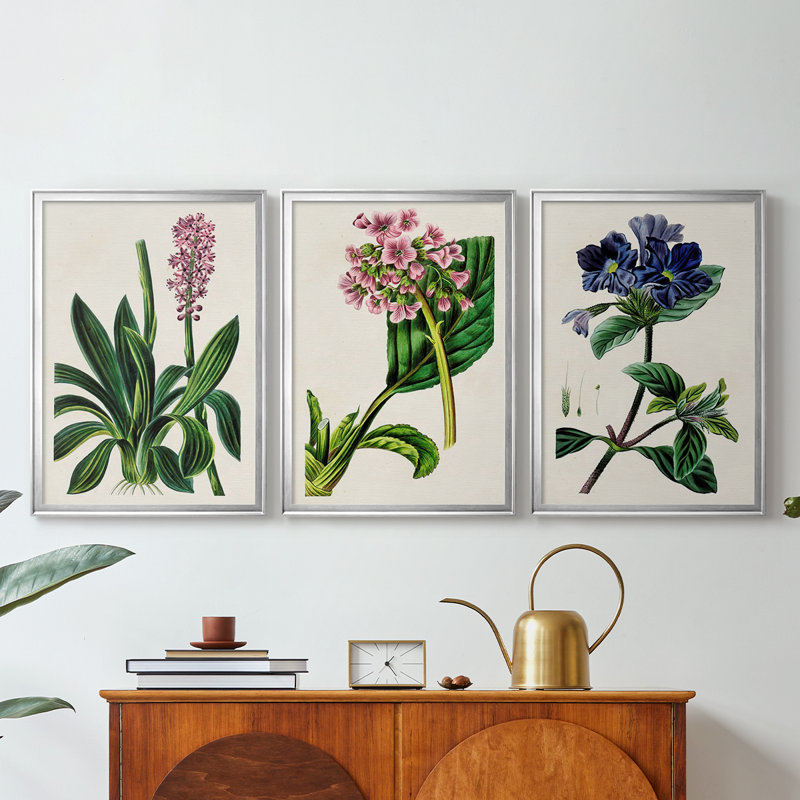 AntiqueFloralFolio II - Toile tendue avec châssis sur mesure - 3 pièces, Argent argent, H 21 po x l 30 po