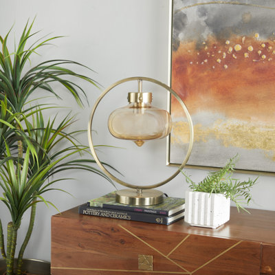 Andreaz Metal Circular Framed Gold Accent Lamp with Hanging Glass Shade
