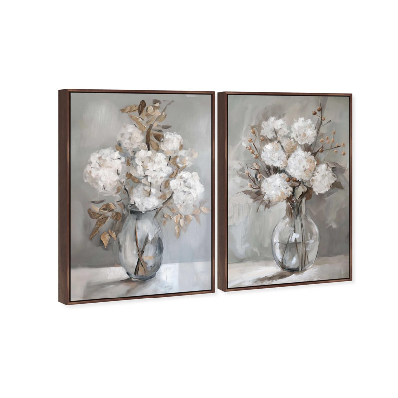 Oliver Gal Ghostly White Flower Set Floral and Botanical - Heavy Gel Top Coat Framed Canvas Art, Brown, 55" H x 37" W