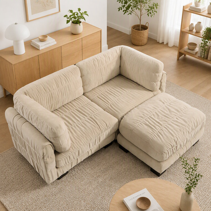 Canapé d'angle modulaire 2 places en chenille camel froncée, 183 cm (72 po) | Forme en L avec pouf amovible | Revêtement en mousse haute densité | Montage facile | Parfait pour le salon ou la chambre