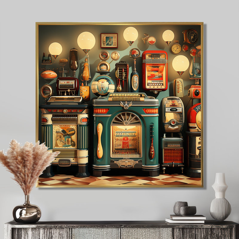 Nostalgic jukebox Tunes 3 - Jukeboxes, art mural sur toile, Cadre flottant doré, H 16 po x l 16 po x P 1 po