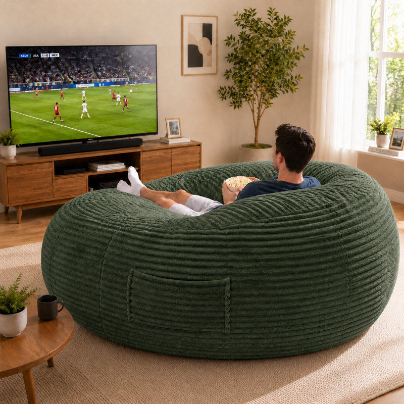 71" Giant Foam Bean Bag Chair, Oversized Round Chaise Lounge with Side Pocket for Kids, Teens, Adults,  Green, Green Corduroy