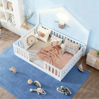 Floor Bed with High Rails, Wooden Montessori Bed with Light