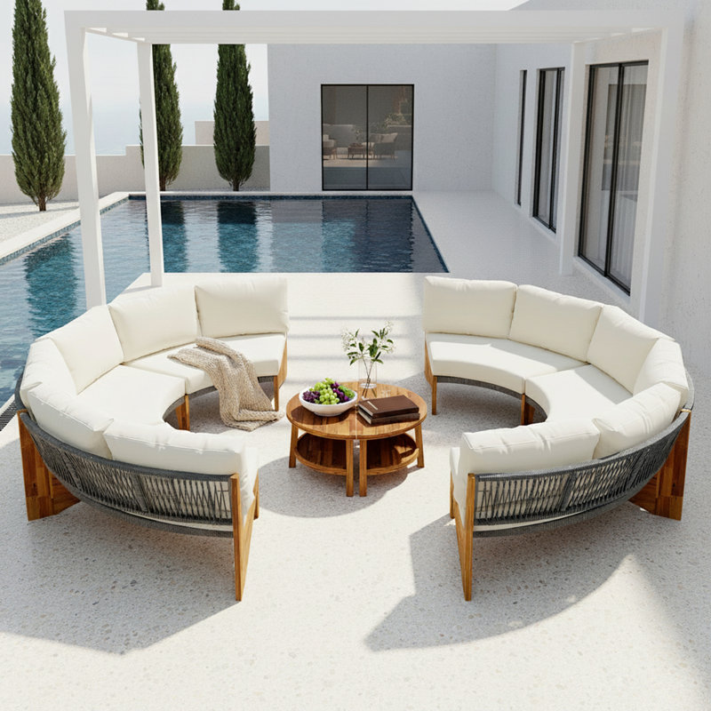 3-Piece Outdoor Conversation Set With 2 Semi-Circle Sofas And 1 Coffee Table, Beige