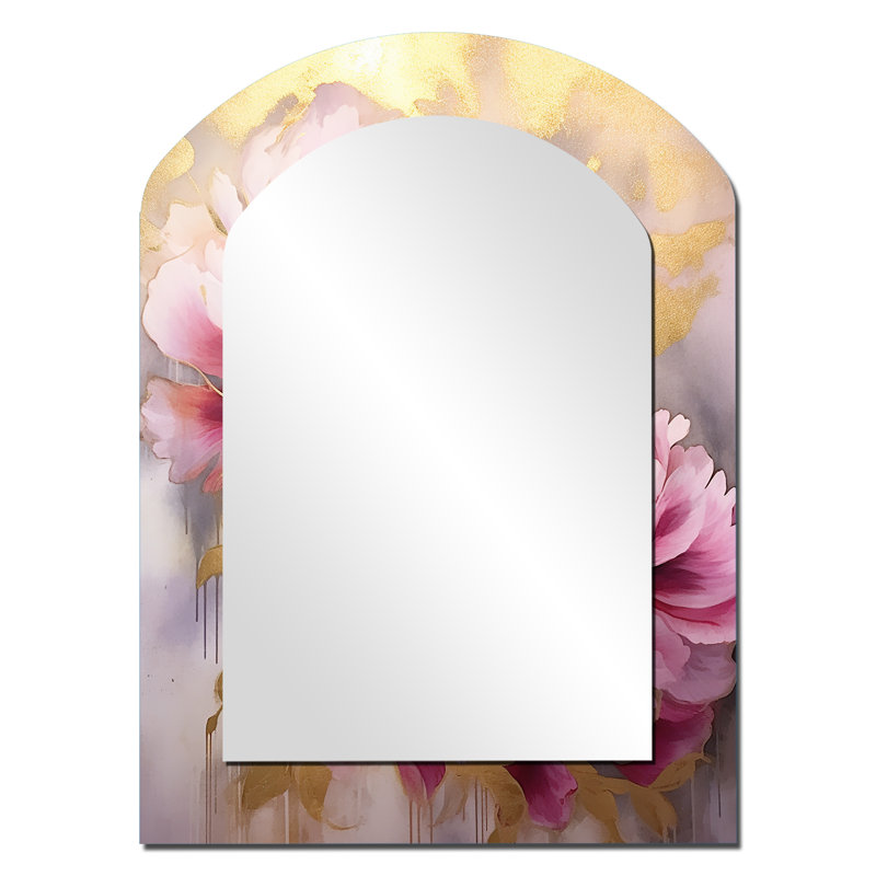Rose et pivoines dorées dans l'éclat I - miroir mural asymétrique unique pivoines, miroir arqué traditionnel, impression sur métal