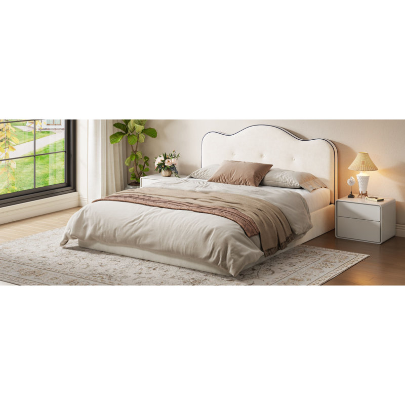 Très grand lit plateforme tapissier, beige, Très grand lit