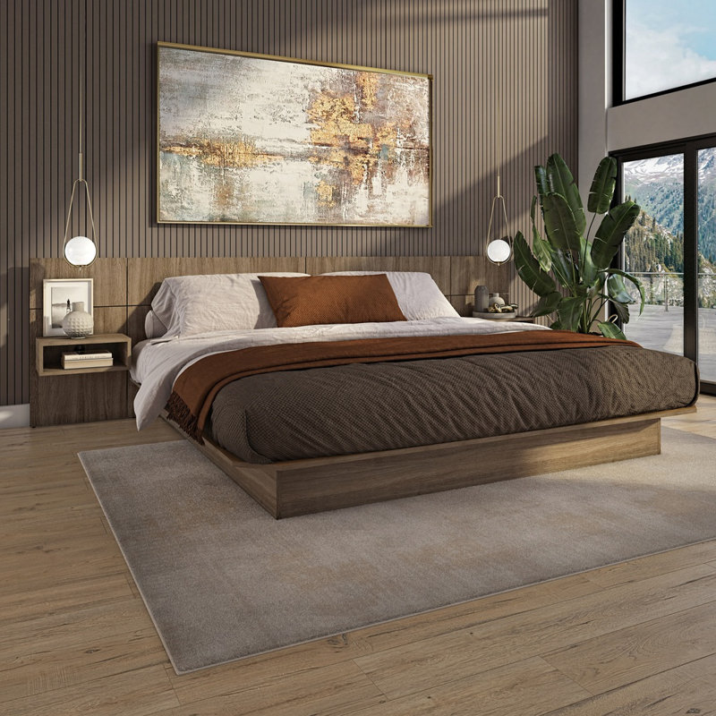 ZEN ALPHA Bedroom Platform Bed with Headboard and Wall Mounted Cube Nightstands (2) Easy Assembly No Box Spring Required