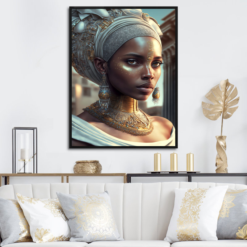 «Allain Exquiste African Woman Design III», reproduction sur toile, H 40 po x l 30 po x P 1,5 po, Cadre flottant noir