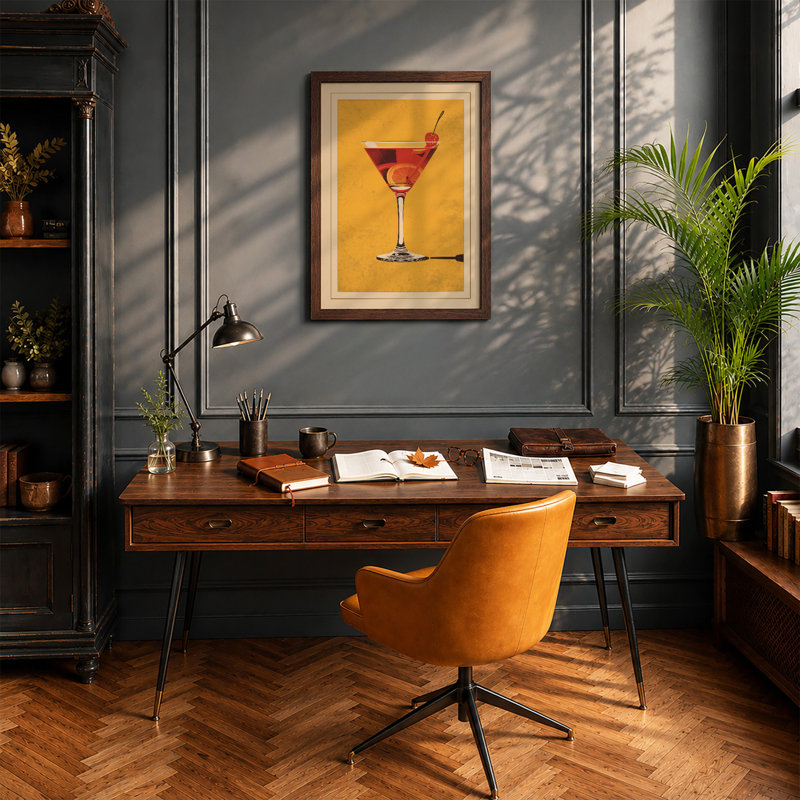 Martini at Sunset Retro - Framed Print, A4 - 29.7 x 21.0 cm, Walnut