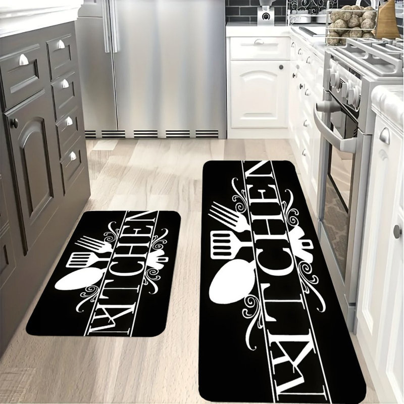 Black White Kitchen Utensil Kitchen Mats 2 Pcs Entryway Kitchen