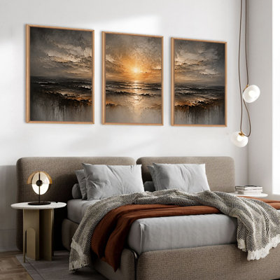 Art mural abstrait texturé, impression de paysage minimaliste encadré, impression sur toile, lever de soleil, ensemble de 3 pour salon, chambre à coucher, bureau, 24 x 36 po