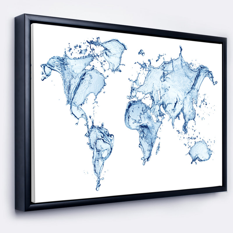 World Map Water Splash - Print, 12" H x 20" W x 1" D, Floater Framed Canvas