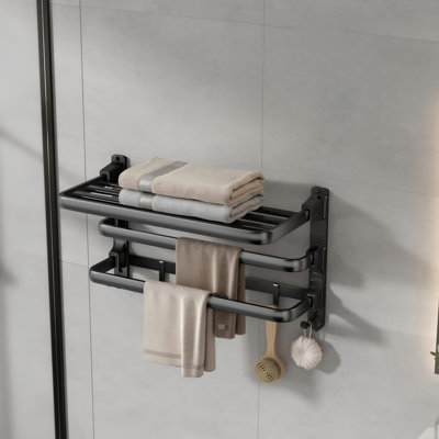 Towel Racks for Bathroom, Towel Shelf with 2 Towel Bar Foldable, Towel Holder with 7 Hooks Towel Storage Organizer for Bathroom & Lavatory Wall Mounted, (Matte Black)