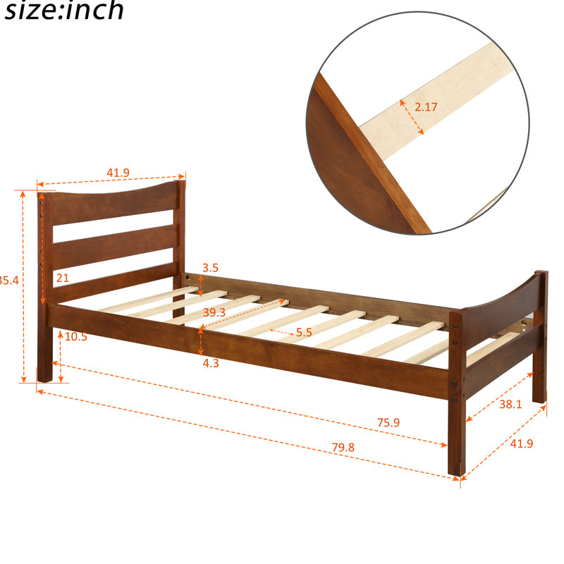 Lit plateforme simple avec tête de lit en noyer, tête de lit à lattes stable en bois massif, finition noyer artisanal
