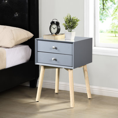 2 tables d'appoint de style Mid-Century moderne avec pieds en bois d'hévéa, look nuance gris sur 2 tiroirs et supports robustes