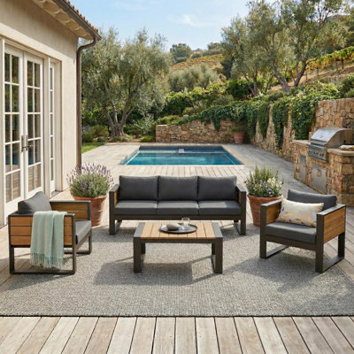 4-Piece Outdoor Patio Conversation Set for 5 — 3-Seat Sofa + 2 Armchairs + Slatted Coffee Table, Aluminum Frame & WPC Accents, Fold-Out Side Tables, Grey Removable Cushions