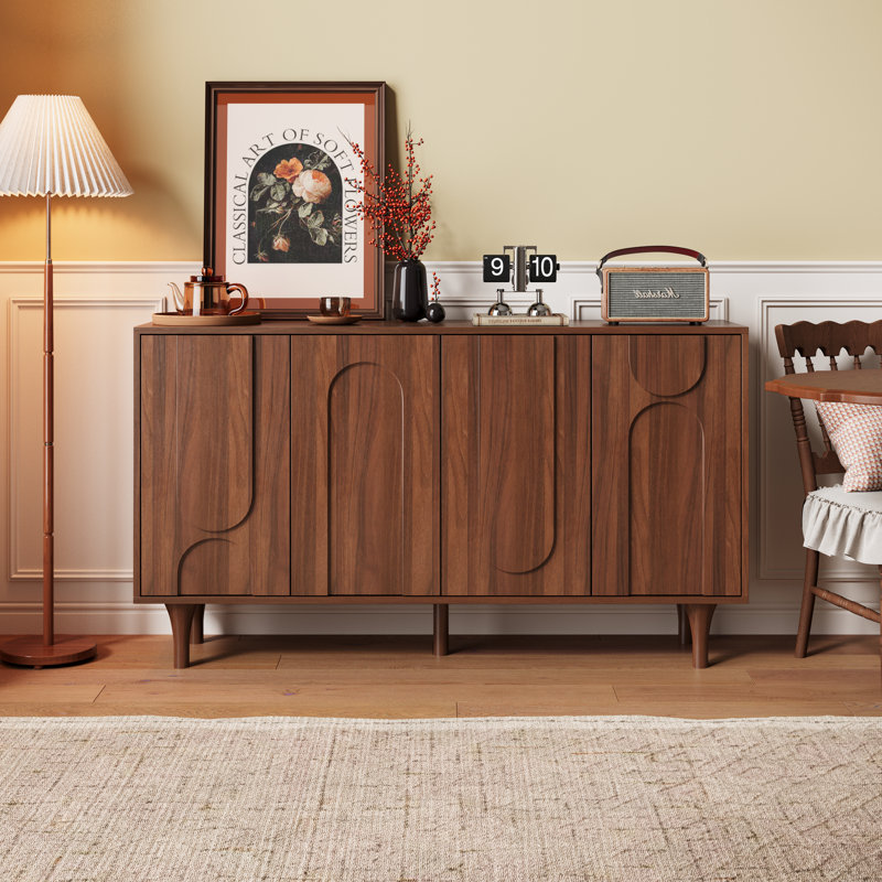 63" Wide Sideboard With Solid Wood Legs, Arched Doors And Adjustable Shelves, Mid-century Modern Accent Cabinet, Wood Tv Stand