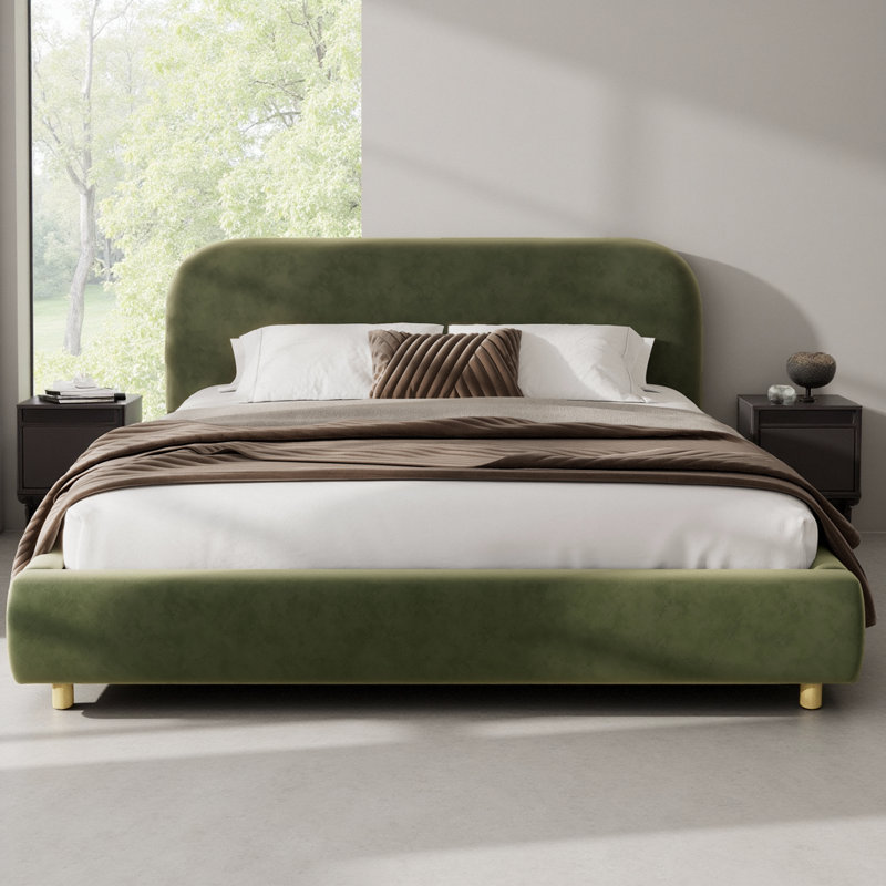 Très grand lit plateforme tapissier avec tête de lit en velours courbé, cadre de lit luxueux vert olive avec lattes en bois et support en acier, aucun sommier requis