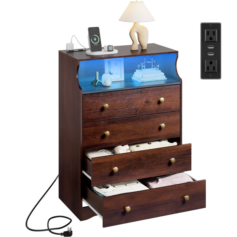 Grantville 38'' Tall 4-Drawer LED Dresser with Charge Station & Open Shelf, USB & AC Power Outlet, 27.56''W Espresso Vertical Dresser with Adjustable LED Lights, Large Storge Chest for Bedroom, Hallway, Closet